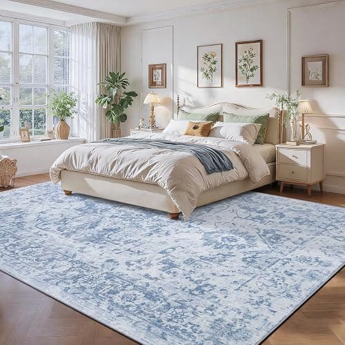 Area Rug 8x10, Washable Rug for Living Room, Large Area Rugs for Bedroom, Vintage Rug 8x10 for Dining Room, Non Slip Soft Low Pile Indoor Carpet for Kitchen, Nursery, Office, Farmhouse, Blue thumbnail 4