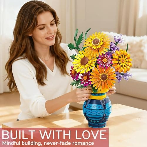 Flower Bouquet Building Blocks Set with Vase, Valentines Day Gifts for Her Wife Him, 1065PCS Sunflower Botanical Collection Artificial Flower Birthday Gifts for Women Men Teen Girls Mom Teacher Adults thumbnail 2