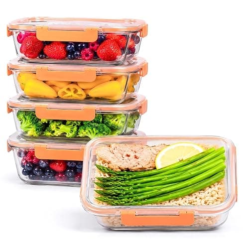 Innoteck 5 Pack 1040ml Orange Glass Food Storage Containers with Lids | Borosilicate meal prep containers with airtight leakproof locking lids, dishwasher safe for food storage and leftovers. thumbnail 9
