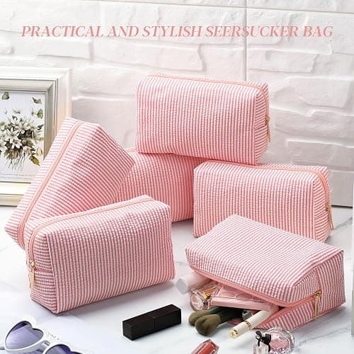 Sanwuta 6 Pcs Seersucker Cosmetic Bags Bulk, Striped Zippered,Coral Pink | Makeup Bags Women Pouch, Large Preppy Storage Toiletry Travel Pouch for Wedding Bridesmaid Bride Favor Back to Teacher Gift thumbnail 5