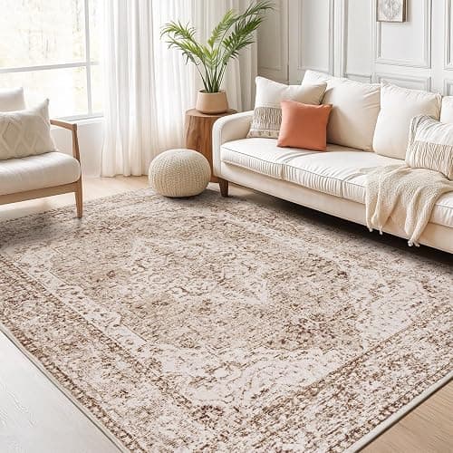 Lofus 5x7 Area Rugs for Living Room, Washable Area Rug, Rugs for Bedroom, Kitchen, Vintage Boho Carpet, Soft Non-Slip, Low Pile Large Area Rug for Office Dining Room, Vintage Beige Brown - Image 1