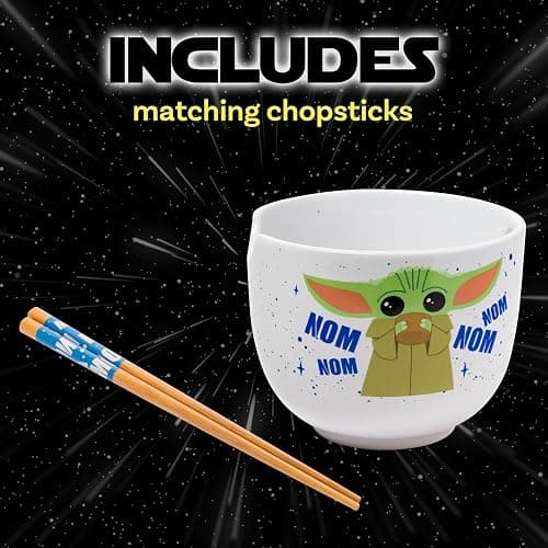 Silver Buffalo Star Wars Mandalorian Baby Yoda Grogu Nom Nom Ceramic Ramen Noodle Rice Bowl with Chopsticks, Microwave Safe, 20 Ounces thumbnail 4