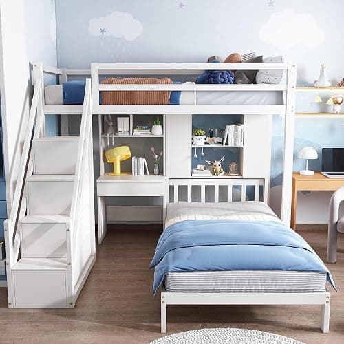 Merax Kids 3FT Loft Bed Frame Children's High Sleeper Double Bed with Desk multifunctional Bed with Storage, Shelves & Stairs, Solid Pine Wood Frame, for Children Girls and Boys, White (2 * 90x190cm) - Image 1