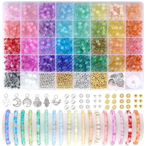 Funtopia 6mm Glass Beads Bracelet Making Kit, 1396pcs Gradient Glass Beads | 34 Colors Crystal Round Beads for Jewelry Making Bracelets DIY Crafts with Spacer Beads and Charms - Image 1