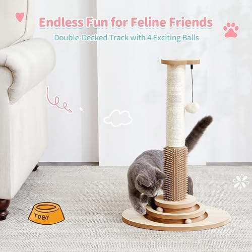 Made4Pets Cat Scratching Post, 23" Tall Sisal Cat Scratcher Post with Self Groomer, 4-in-1 Interactive Trackball Toys with Hair Brush, Vertical Cat Climbing Tree with Dangling Plush Balls thumbnail 9