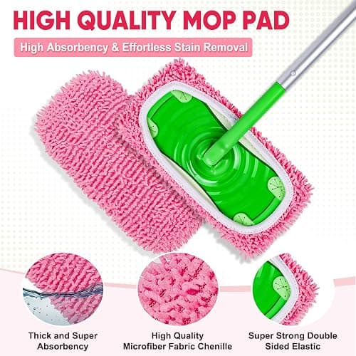 6 Pack Reusable Mop Pads Compatible with Swiffer Sweeper, Pink | Chenille Mop Refill Pads, Dry & Wet Mopping Cloths for Floor Cleaning thumbnail 2