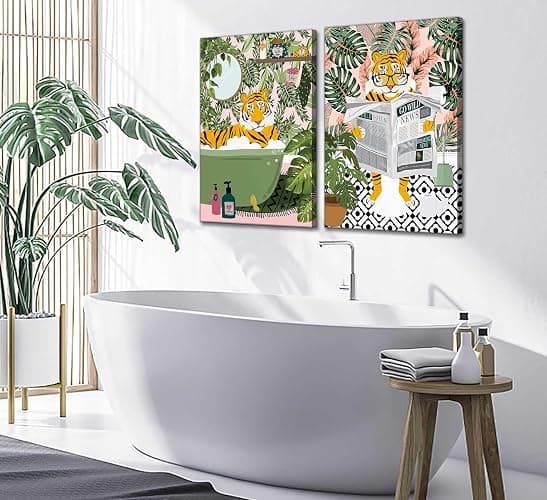 2Pcs Fun Bathtub Animals Bathroom Canvas Wall art Maximalist Tropical Botanical Tiger Reading Newspaper on Toilet Painting Pictures Wall Decor Eclectic Jungle Toilet Poster Print Artwork - bathroom - 12x16in Canvas thumbnail 3