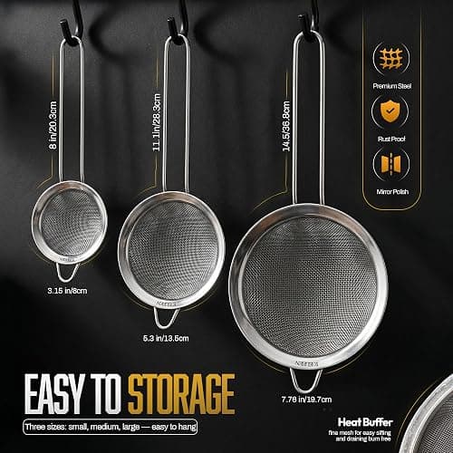ELEEN Premium Stainless Steel Fine Mesh Strainers for Kitchen 3-Piece Set with Non-Slip Handle, Small, Medium & Large Sieves, Colanders and Sifter for Sifting, Straining, Pastas Tea, Rice Vegetables thumbnail 2