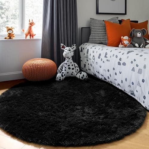 PAGISOFE Black Round Rugs 5Ft, Circle Rugs for Kids Bedroom, Shaggy Living Room Rugs, Indoor Teepee Furry Mat, Comfy Reading Rug, Fluffy Round Carpets for Womens Girls Boys Room Decor Aesthetic thumbnail 3