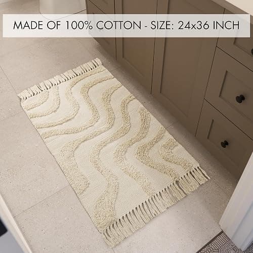 Beautiful Boho Rug with Tassels for Your Bathroom - Soft 2 x 3 ft. Cotton Rug Fits Perfectly Into Your Bath - Washable, Cream Colored Non-Slip Mat Ideal to Enhance Any Modern Home Decor, 24 x 36 inch thumbnail 4