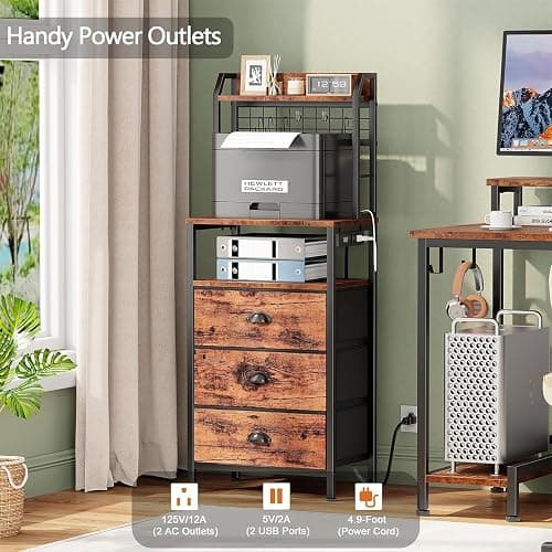 Furologee 44'' Tall Nightstand with Charging Station, Bedside Table with LED Lights, End Table with 3 Drawers and Storage Shelves, Night Stand with Pegboard for Bedroom, Rustic Brown thumbnail 5