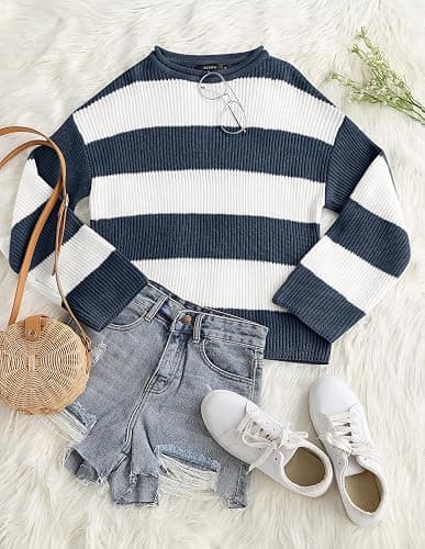 ZESICA Women's 2026 Fall Long Sleeve Oversized Striped Color Block Comfy Loose Crew Neck Knitted Pullover Sweater thumbnail 5