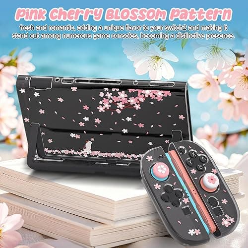 NANANINO Switch 2 Case for Nintendo Switch 2, Dockable Clear Protective Cover with Cherry Blossom Cat Design, Tempered Glass Screen Protector & Thumb Grips, Kawaii Pink Case for Girls thumbnail 3