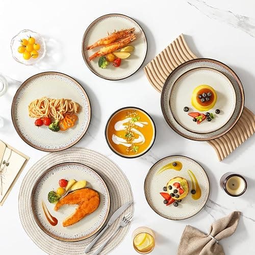 vancasso Plates and Bowls Sets, 24 Pieces Stoneware Dinnerware Sets for 8, Kitchen Dish Set Mircowave and Dishwasher Safe Ceramic Dishware, Light Cream, Series AMBER thumbnail 2
