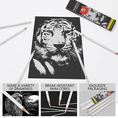 MARKART Professional White Charcoal Pencils Set, 5 Pieces | Sketch Highlight Charcoal Pencils for Drawing, Sketching, Shading, Blending, White Chalk Pencils for Beginners & Artists thumbnail 5