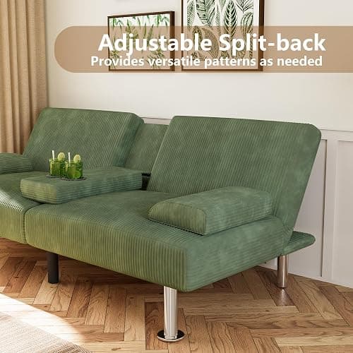 Flamaker Futon Sofa Bed Corduroy Folding Couch Adjustable Sleeper Sofa Bed for Small Apartment Upholstered Living Room Furniture Set with 2 Cup Holders Removable Armrests (Corduroy, Green) thumbnail 7