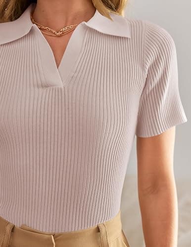 ZESICA Women's Short Sleeve V Neck T Shirts 2025 Summer Ribbed Knit Slim Fitted Basic Solid Color Tee Tops thumbnail 5