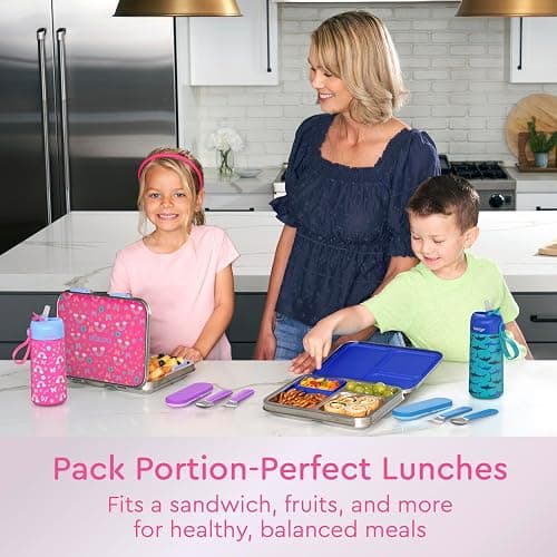 Bentgo Kids Stainless Steel Prints Leak-Resistant Lunch Box - 3-Compartments with Silicone Container, Durable, Eco-Friendly, Dishwasher Safe, BPA-Free, for School, Ages 3+ (Rainbows & Butterflies) thumbnail 2