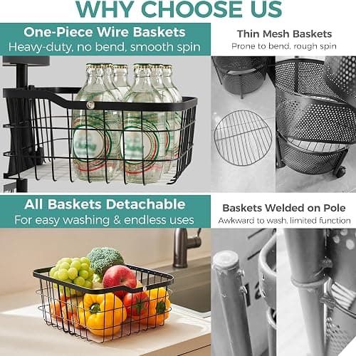 Ocyfym 4 Tier Kitchen Fruit Vegetable Storage Cart with One-Piece Rotating Basket, Pantry Organizer Shelf Rack Floor Stand for Veggie Onion Potato Produce Spice, Rolling Snack Cart on Wheels, Black thumbnail 4