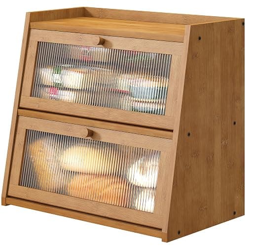 viewcare Extra Large Bread Box, Double Layer Bread Box for Kitchen Counter, Bamboo Wood Large Capacity Bread Storage Bin with Acrylic Wavy Door Panel - Image 1