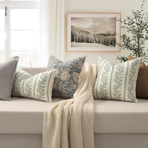DKwizme Vintage Throw Pillow Covers 18x18 Set of 2, Striped Floral Pillow Cover Botanical Patterned Decorative Cushion Covers Modern Farmhouse Home Decor for Sofa Couch Bed Living Room, Moss Green thumbnail 4