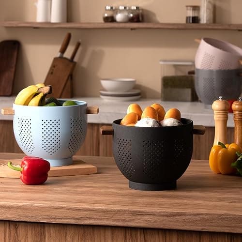 Metal Colander with Wood Handle and Stable Base, Powder Coated Steel Kitchen Strainer Basket for Draining Pasta, Vegetable and fruit(5.5quart,Matte Black) thumbnail 6