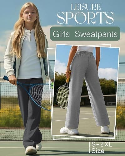 LessonZoo 3 Pack Girls Sweatpants Teen Front Seam Straight Leg Pants Kids Open Bottom Wide Leg Loose Joggers with Pockets thumbnail 3