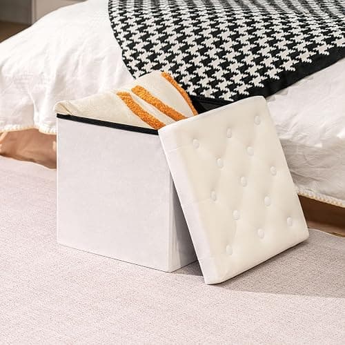 B FSOBEIIALEO Storage Ottoman Velvet Tufted Folding Ottomans Footstool Rest Seat with Removable Lid (White, Medium) thumbnail 2