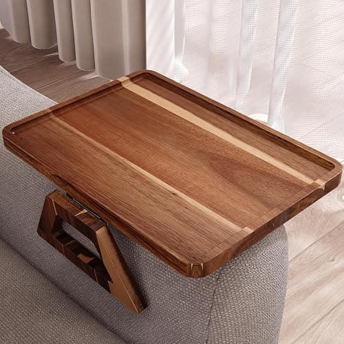Danfoxer Acacia Wood Couch Arm Tray，Folding Sofa Armrest Table | Clip-On Couch Desk,Foldable, Non-slip,No Assembly，for Drinks Snacks Phone，Remote Control - Image 1