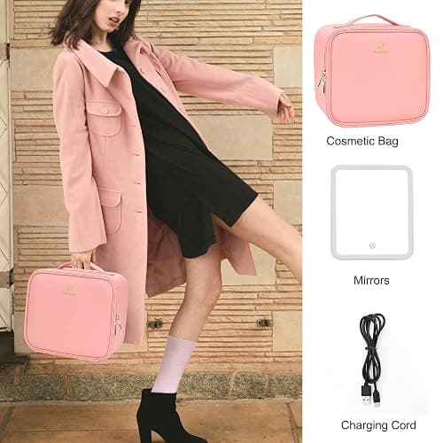 Relavel Travel Makeup Bag With LED Mirror Portable Travel Makeup Organizer 3 Color Adjustable Brightness Waterproof Cosmetic Train Case with Removable Dividers Makeup Storage for Women, Pink thumbnail 6