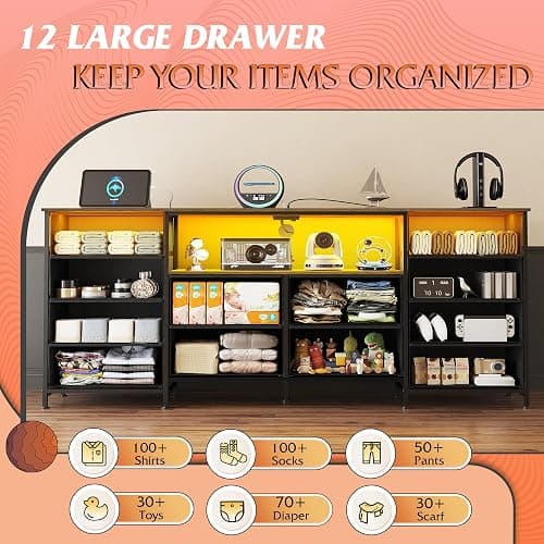WLIVE 12 Drawer Dresser for Bedroom, Dresser TV Stand for 65, 70, 75 inch TV with Led Lights & Charging Station, Wide Chest of Drawers with Open Shelves, Fabric Dressers for Living Room, Rustic Brown thumbnail 4