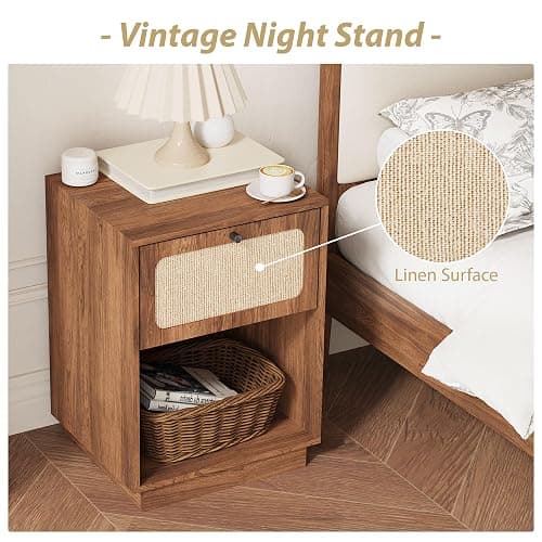 SUJOUCRAFT 16" Nightstands Set of 2, Mid-Century Vintage Wooden Night Stand with Drawer and Open Shelf, Linen Decor Farmhouse Side Table End Tbale for Bedroom, Dorm, Living Room (Walnut) thumbnail 5