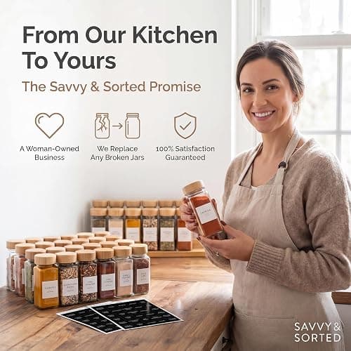 SAVVY & SORTED Glass Spice Jars with Label, 24PK Bamboo Jar Spices Set 4oz, 374 Spice Labels, Pepper Grinder, Empty Herb Seasoning Containers, Funnel and Shaker Lids thumbnail 6
