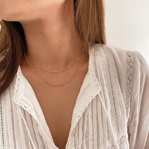 Tewiky Gold Chain Necklace for Women, 14k Gold Plated Thin Beaded Wave Box Chain Necklace Dainty Gold Necklace Simple Layered Gold Choker Necklaces Minimalist Gold Link Chain Necklace Trendy Jewelry for Women thumbnail 2