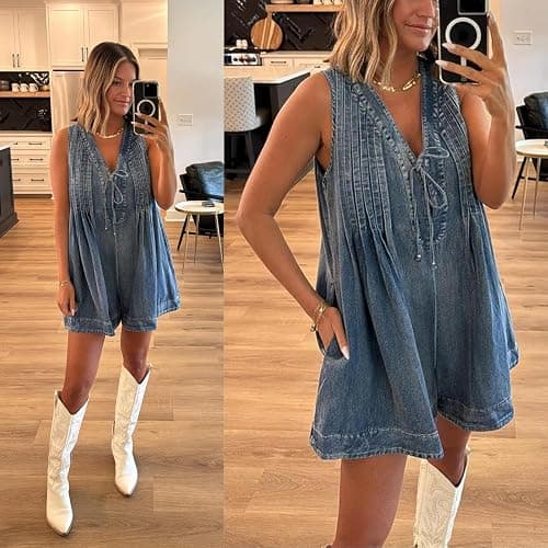 utcoco Womens Summer Casual Sleeveless Denim Romper Tie Front V Neck Jean Overall Shorts Romper With Pockets thumbnail 2