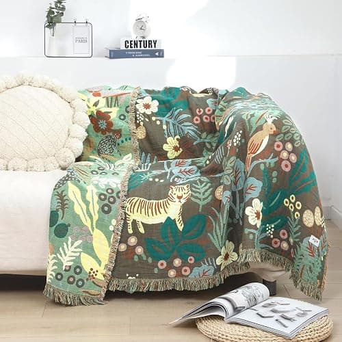 Boho Throw Blanket for Bed 100% Cotton Soft Lightweight Quilt Blanket Twin Forest Tiger Embroidery Home Decor Breathable Bed Blankets,60"×80" All Season Throw for Sofa Couch Chair thumbnail 2