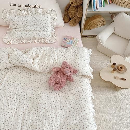 VM VOUGEMARKET 3 Pieces Full Cream Duvet Cover Set Ruffled,Girls Double-Layer Cotton Gauze Duvet Cover with Floral Pattern,Zipper Closure & Corner Ties,80"x90" thumbnail 7