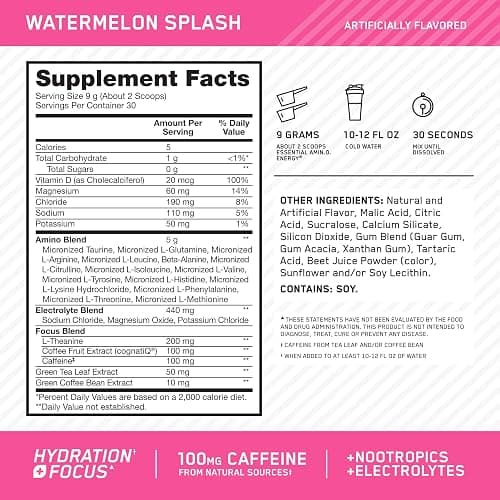 Optimum Nutrition Amino Energy Powder Plus Focus, with BCAA, Electrolytes, and Caffeine, Watermelon, 30 Servings (Packaging May Vary) thumbnail 2