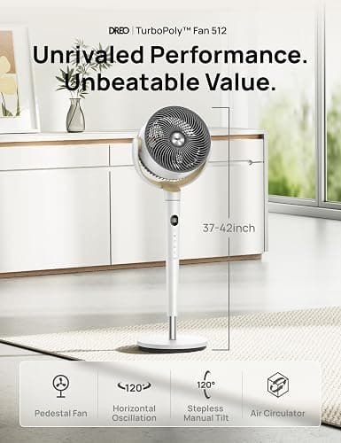 Dreo Fan for Bedroom, 120° Oscillating Standing Fan, Quiet Pedestal Fan with DC Motor, 9 Speeds, 4 modes, 20dB, 120° Manual Vertical, 37-42" Adjustable Height, 9H Timer, White thumbnail 2