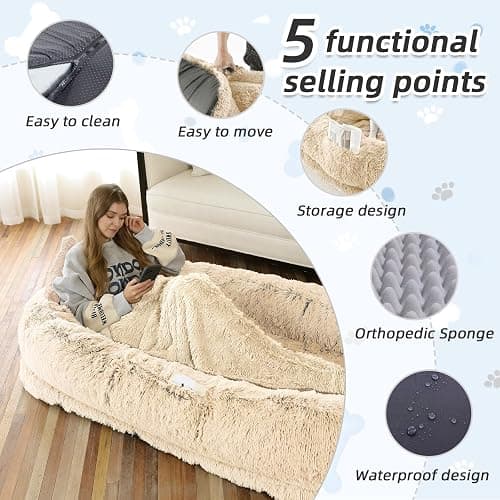 Human Dog Bed, 71''x45''x12'' Size Fits You and Pets, Washable Faux Fur Pet Bed for People Doze Off, Napping Orthopedic Dog Bed, Present Plump Pillow, Blanket, Strap - Beige thumbnail 3