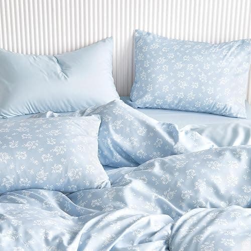 Wake In Cloud - Floral Comforter Set, Coquette Cottagecore Aesthetic Flower Shabby Chic Pattern for Women Teen Girls, Soft Lightweight Bedding, 3 Pieces, Light Blue, Twin/Twin XL Size thumbnail 6