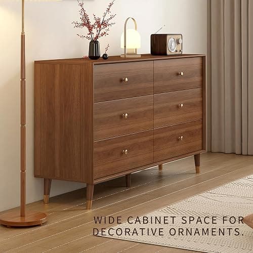 Messenya Dresser for Bedroom, 47 Inch 6 Drawer Wooden Chest of Drawers | FSC Certified Mid Century Modern Walnut Finish Wooden Dresser with Tapered Legs, Easy Assembly, Clearance for Robot Vacuum thumbnail 6