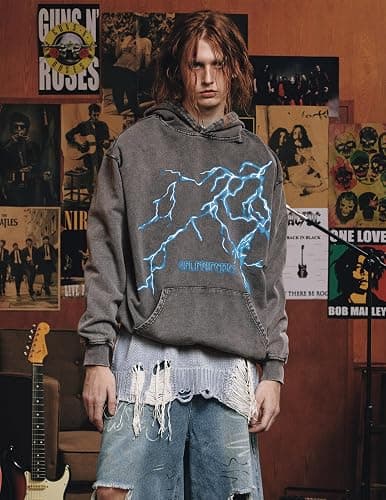 Aelfric Eden Mens Lightning Graphic Hoodies Print Oversized Unisex Streetwear Vintage Hoodie Y2k Sweatshirt Pocket Pullover thumbnail 6