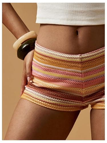 SOLY HUX Women's Knit Striped Micro Shorts Y2k Crochet Beach Mini Shorts | Cover Up Shorts, Color Block, Elastic Waist, Low Rise, Cute, Summer, Festival thumbnail 4