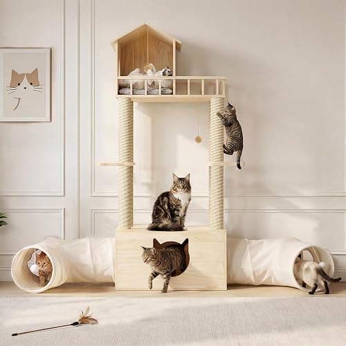 Homiflex Wood Cat Tree with 2 Tunnels, 61''H Pine Wood Cat Tower for Adult Cats, Sturdy & Durable Pet Climbing Systems for Indoor, Multi-Level Wooden Tower with Scratching Posts, Runway, Burlywood thumbnail 8