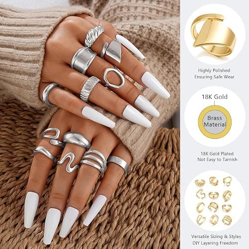 17 MILE Chunky Gold Stackable Rings for Women Non Tarnish, 18K Gold-Plated Statement Open Stacking Rings, Knuckle Band Ring Set thumbnail 4