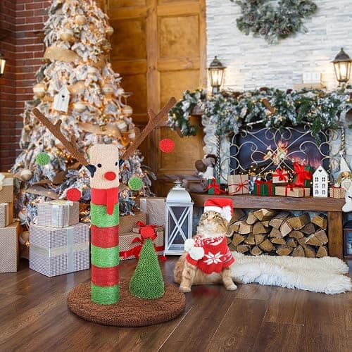 BOLUO Christmas Cat Scratching Post Deer Cat Trees for Adult Cats Scratcher Cute Toy Kitten Kitty Sisal Scratch with Teaser Ball Indoor 25 inch thumbnail 2