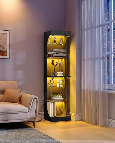 Display Cabinets with Glass Door and Colorful Lights , 4 Tiers, Black | Glass Display Intelligent Human Sensor, Display Case Bookcase for Living Room, Bedroom, for Collectibles Trophy thumbnail 7