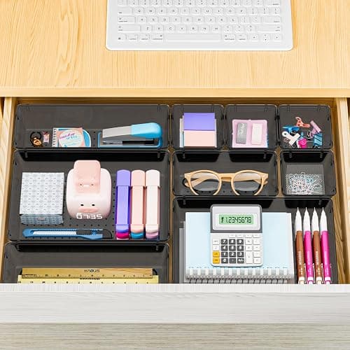SpaceHacks 25 PCS Plastic Drawer Organizer Set, 4-Size Versatile Organizer Trays & storage Bins for Makeup, Jewelry, and Gadgets in Bathroom, Bedroom and Office,Clear Black thumbnail 7