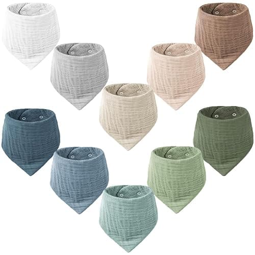 Konssy 10 Pack Baby Muslin Bandana Bibs for Drooling and Teething | 100% Cotton, 6-Layer Bibs, Pre-Washed Soft & Absorbent, Adjustable Neck Fit, Boys & Girls 0-36M - Image 1